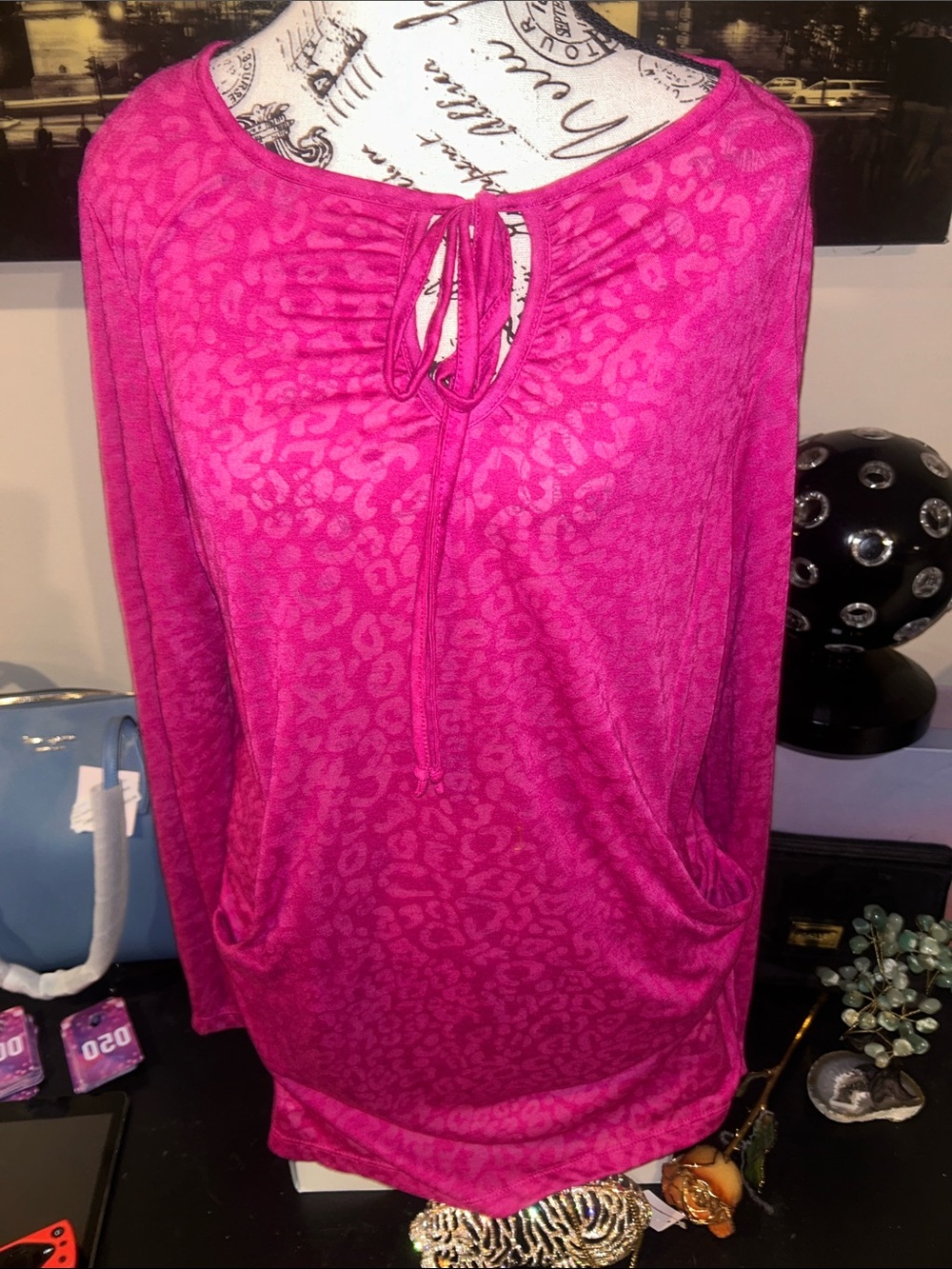 Women's Pink Cheetah sheer with pockets print Tie-Neck Long Sleeve Top/swimcover